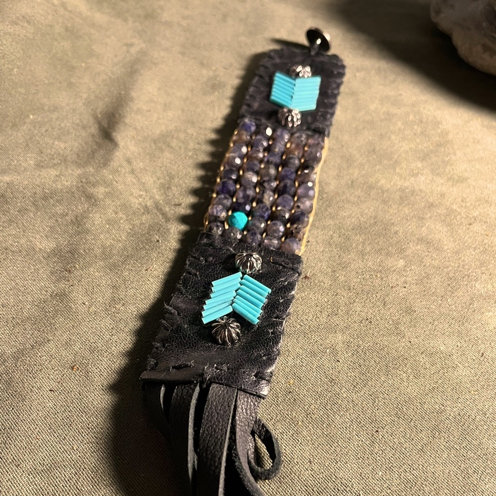 Boho Laboradite beads and fringe cuff bracelet